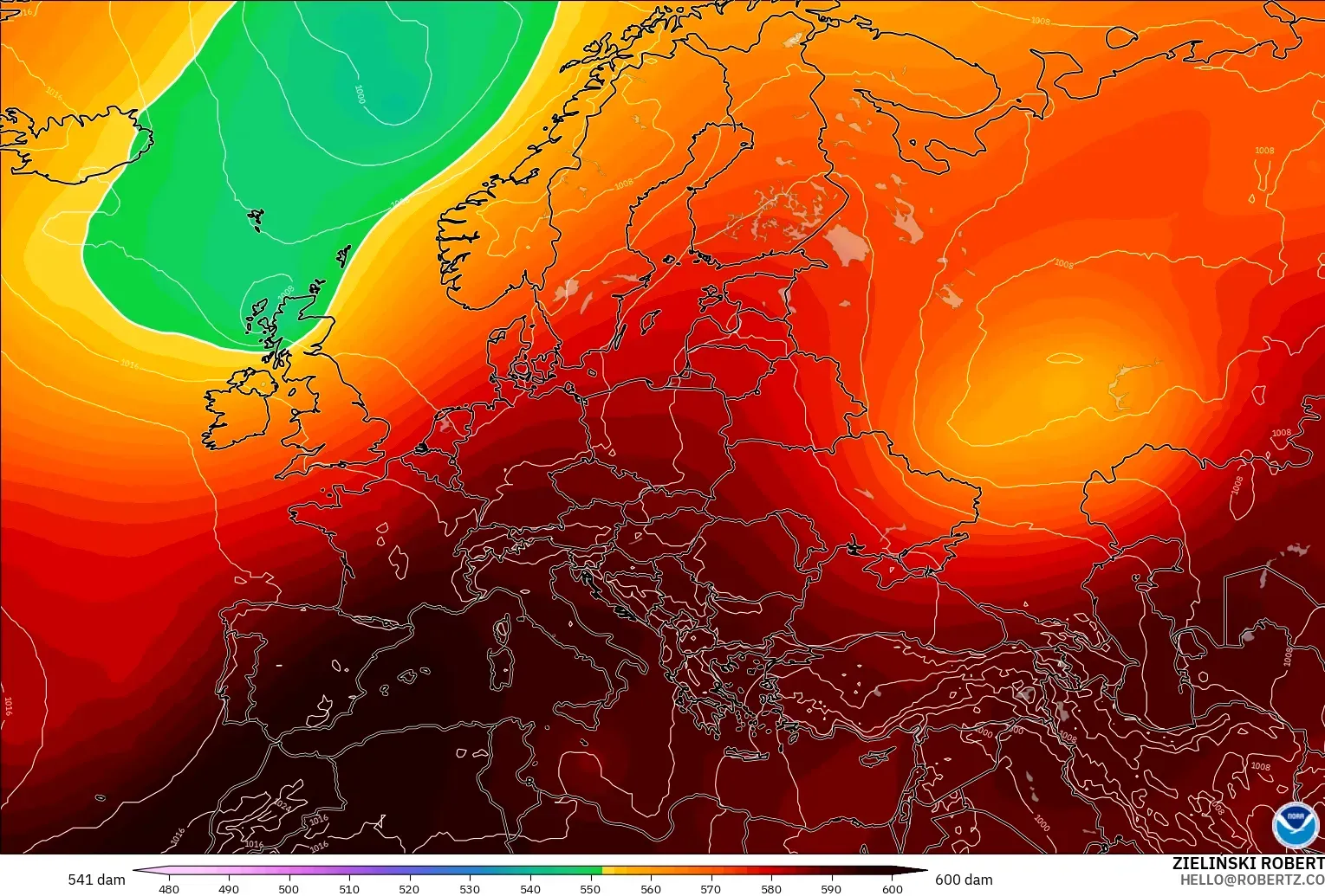 GFS modelo - Europa, Altura geopotencial a 500 hPa