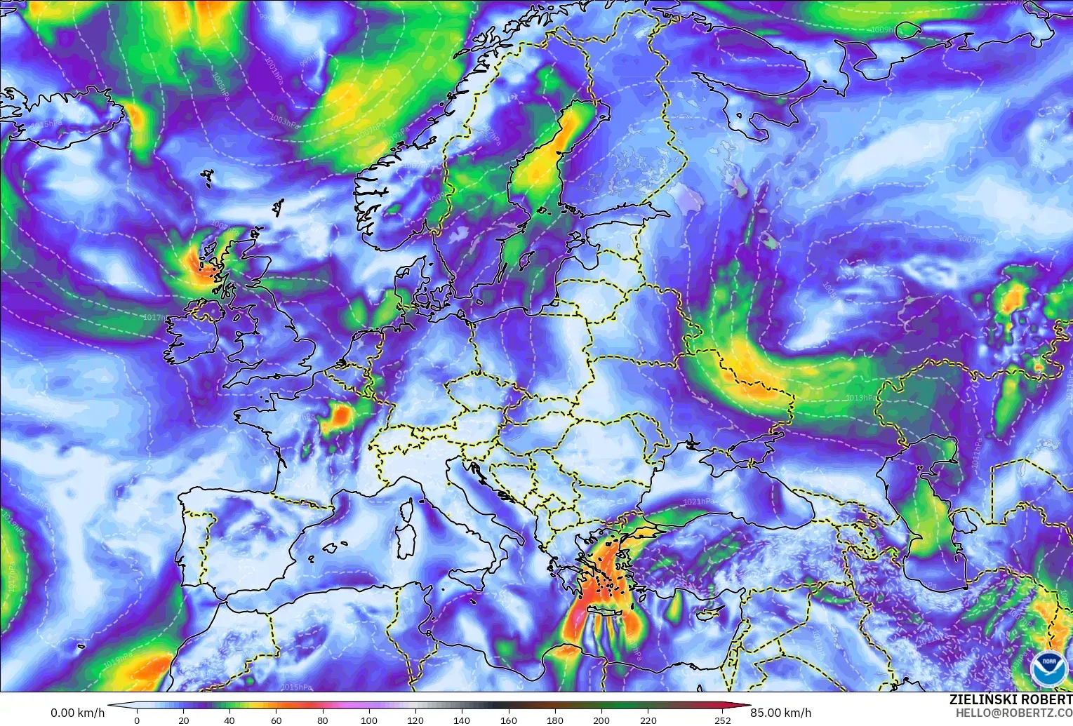 GFS modelo - Europa, Rajadas de vento
