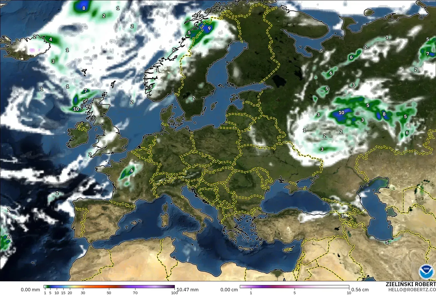 GFS modelo - Europa, Precipitação, nuvens e pressão