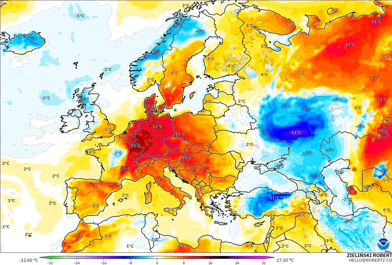 GFS modelo - Europa, Anomalia de temperatura a 2 m