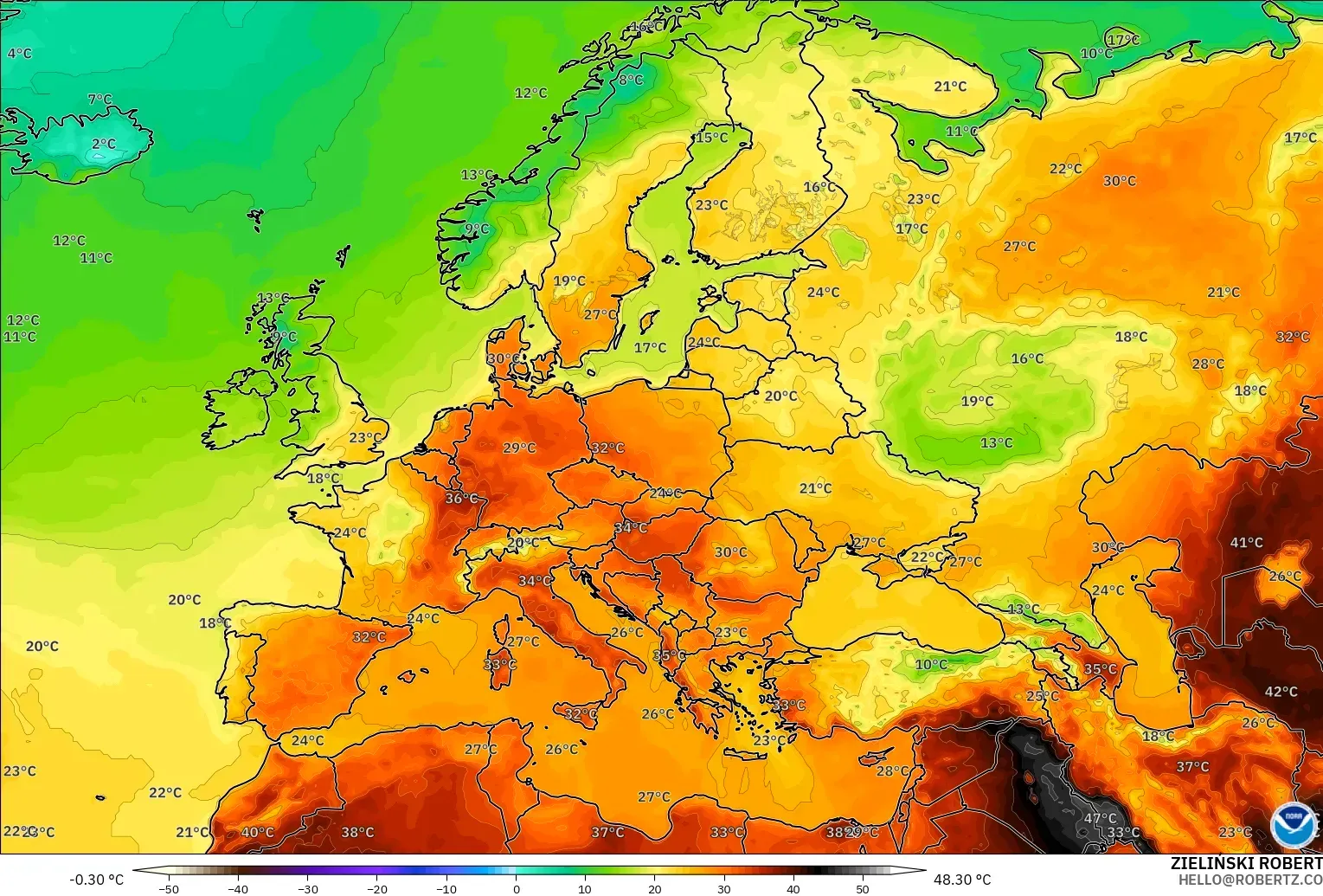 GFS modelo - Europa, Temperatura a 2 m