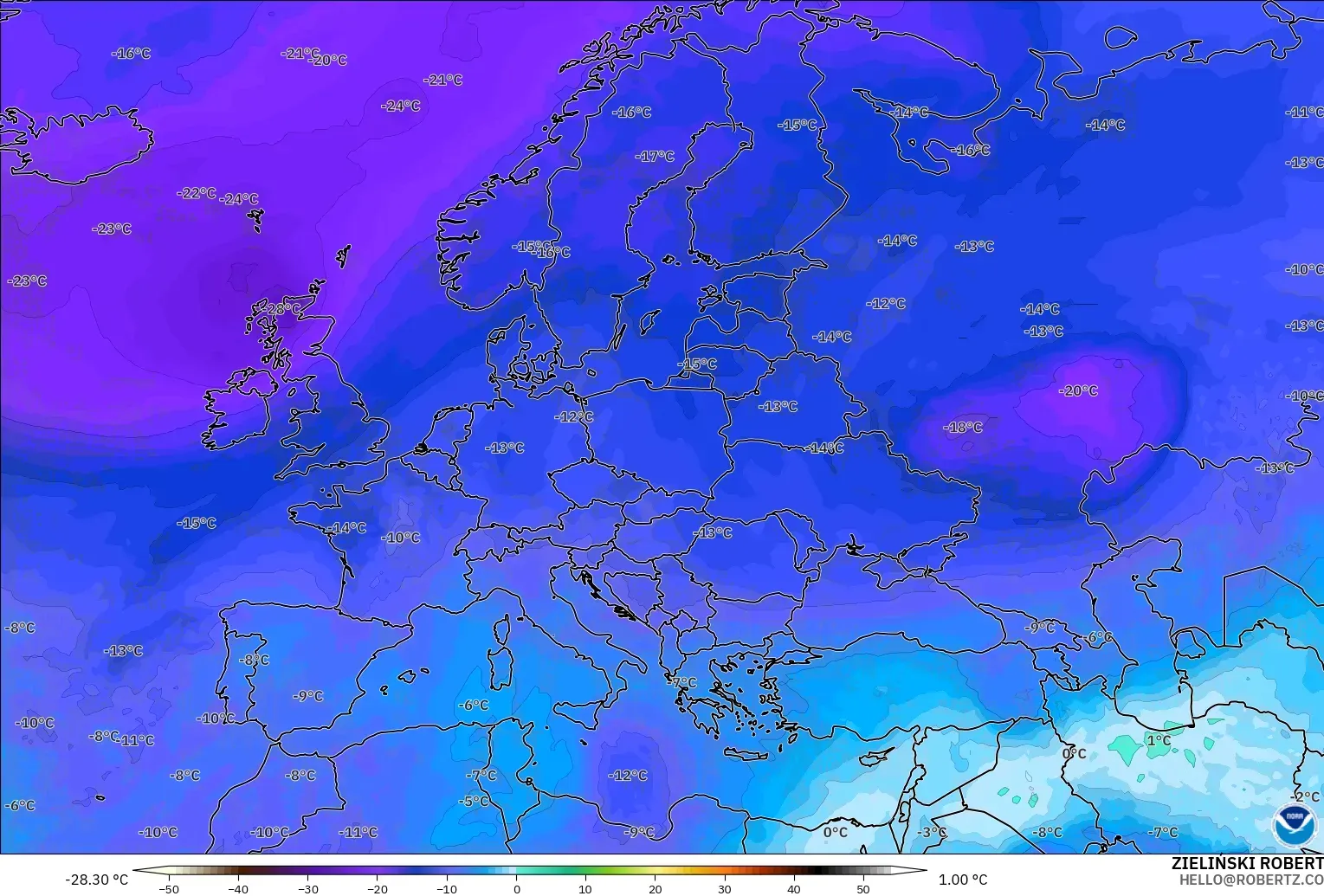 GFS modelo - Europa, Temperatura a 500 hPa