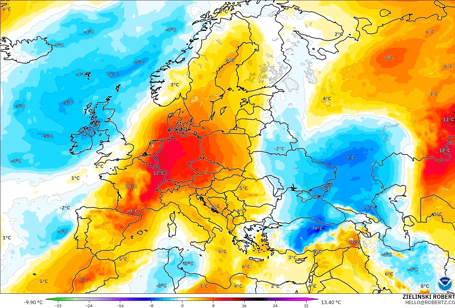 GFS modelo - Europa, Anomalia de temperatura a 850 hPa