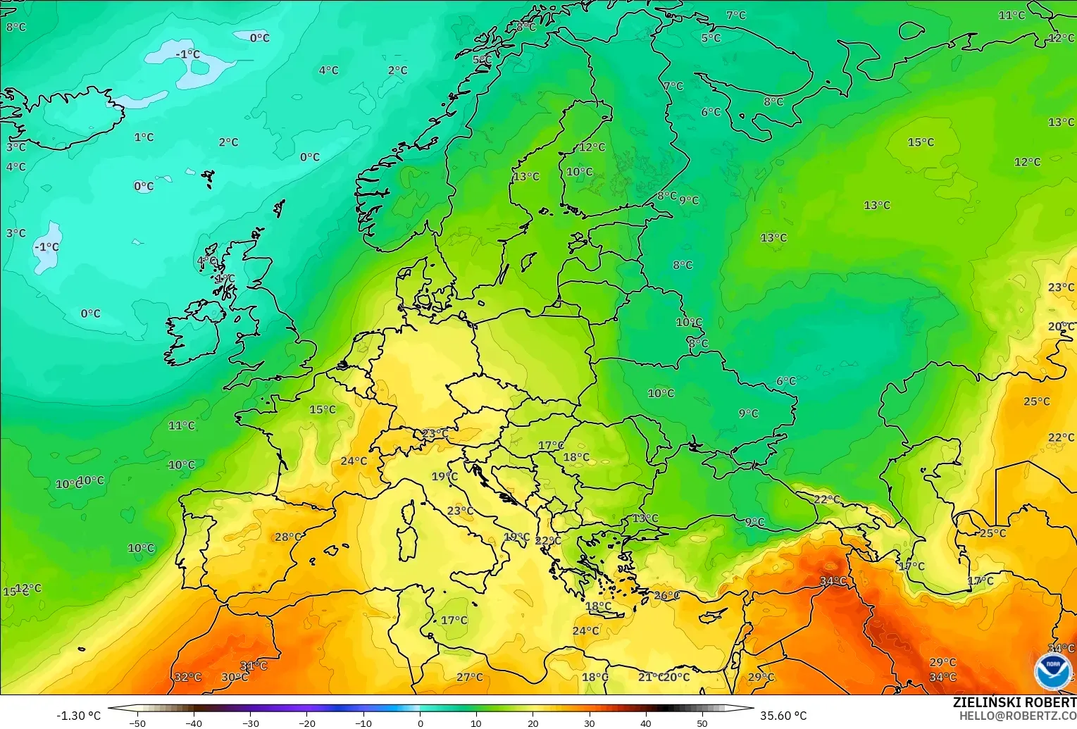 GFS modelo - Europa, Temperatura a 850 hPa