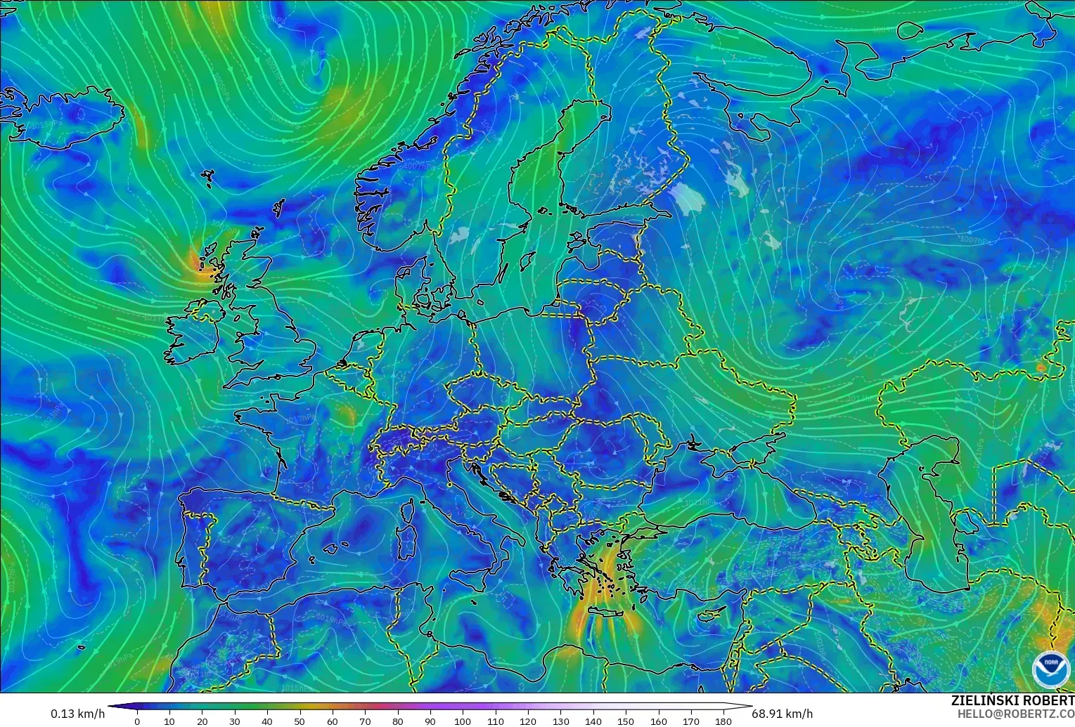 GFS modelo - Europa, Vento a 10 m