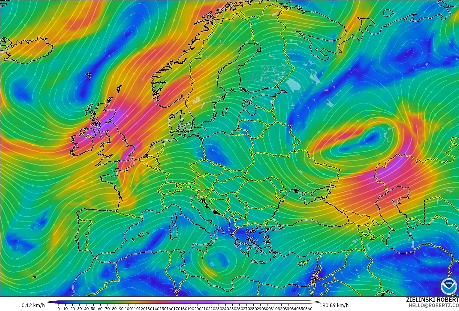 GFS modelo - Europa, Vento a 300 hPa (corrente em jato)