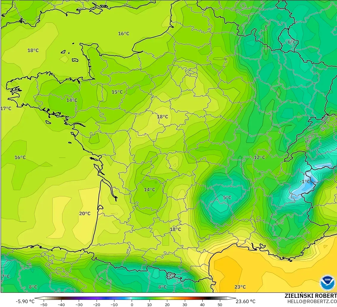 GFS modelo - França, Ponto de orvalho a 2 m