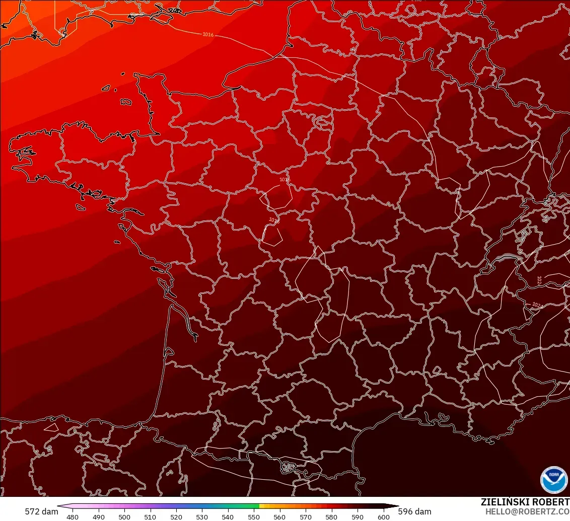 GFS modelo - França, Altura geopotencial a 500 hPa