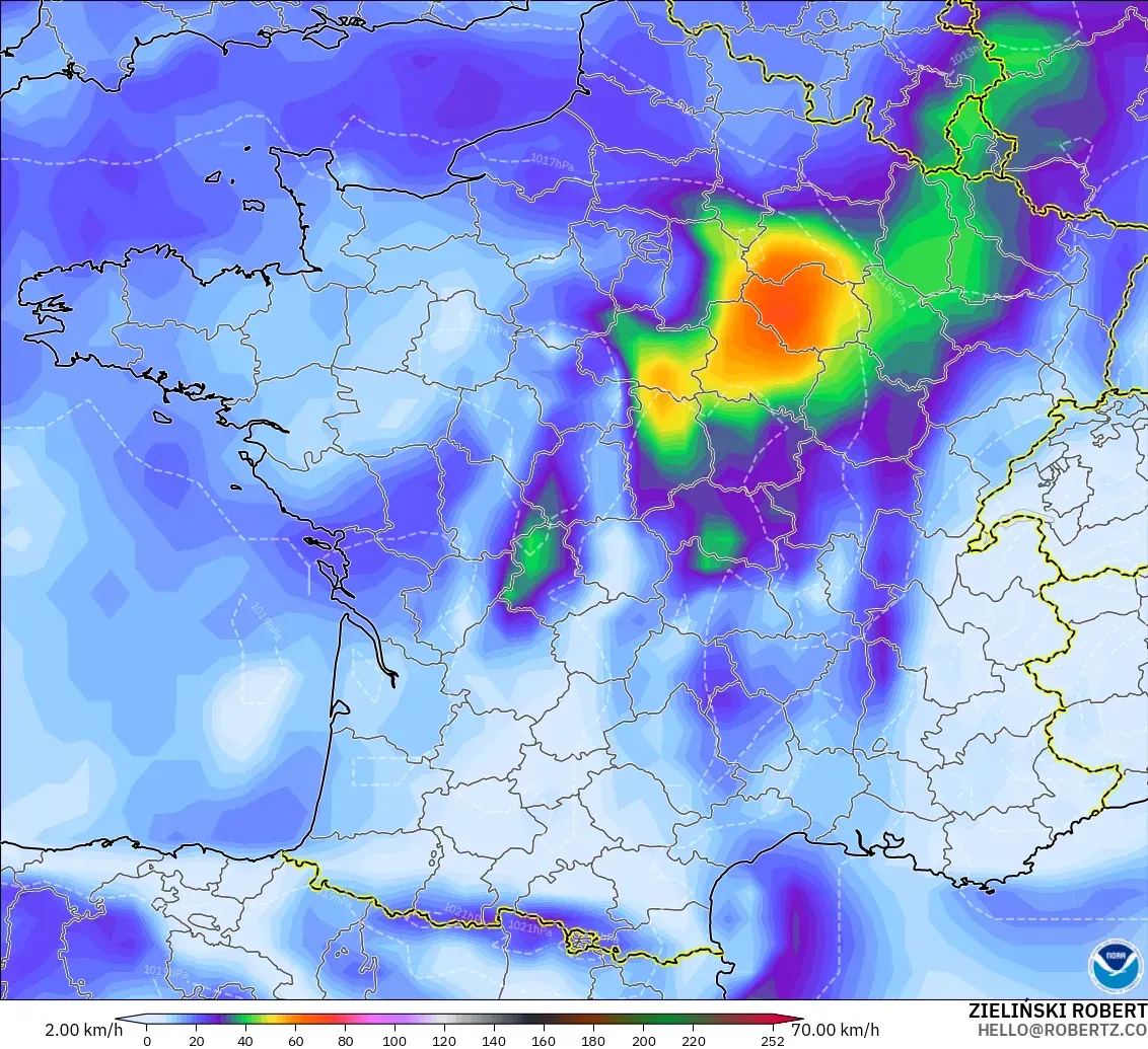 GFS modelo - França, Rajadas de Vento Máximas