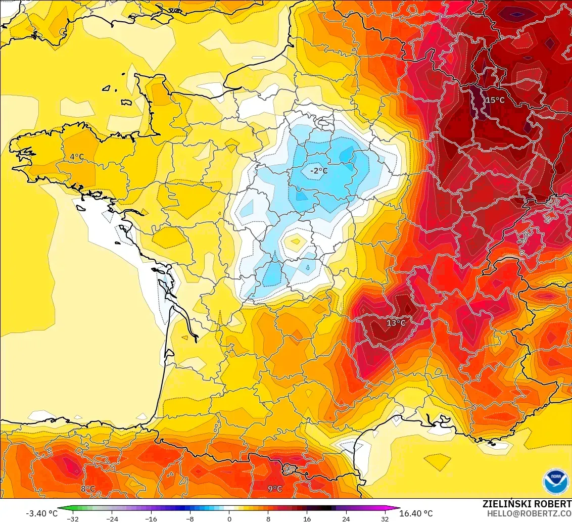 GFS modelo - França, Anomalia de temperatura a 2 m