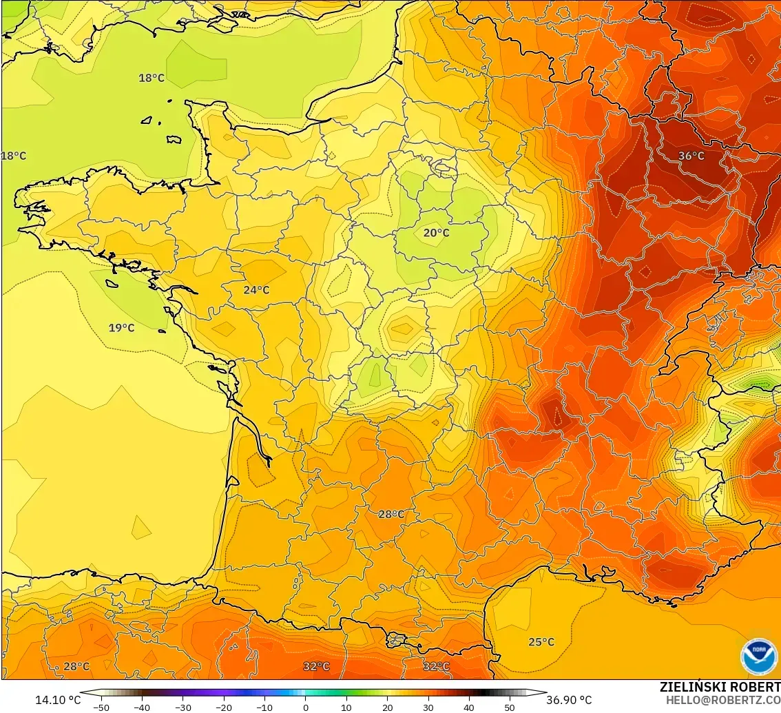 GFS modelo - França, Temperatura a 2 m
