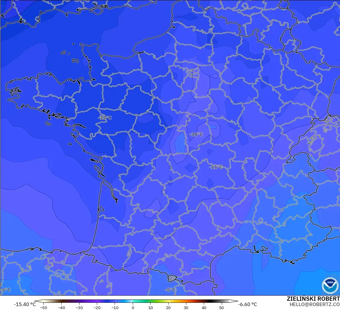 GFS modelo - França, Temperatura a 500 hPa
