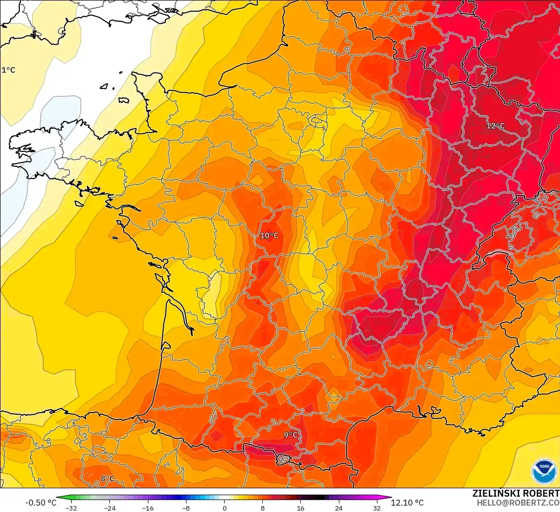 GFS modelo - França, Anomalia de temperatura a 850 hPa