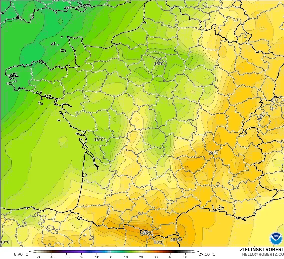 GFS modelo - França, Temperatura a 850 hPa