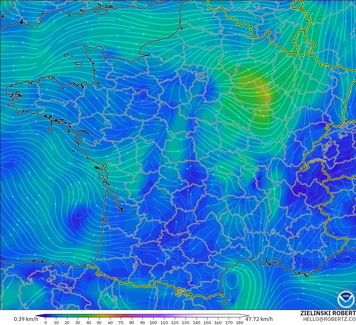 GFS modelo - França, Vento a 10 m