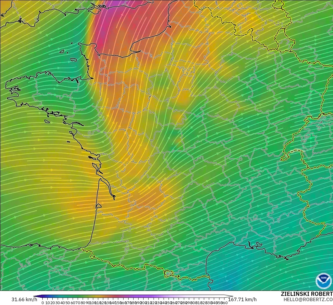 GFS modelo - França, Vento a 300 hPa (corrente em jato)