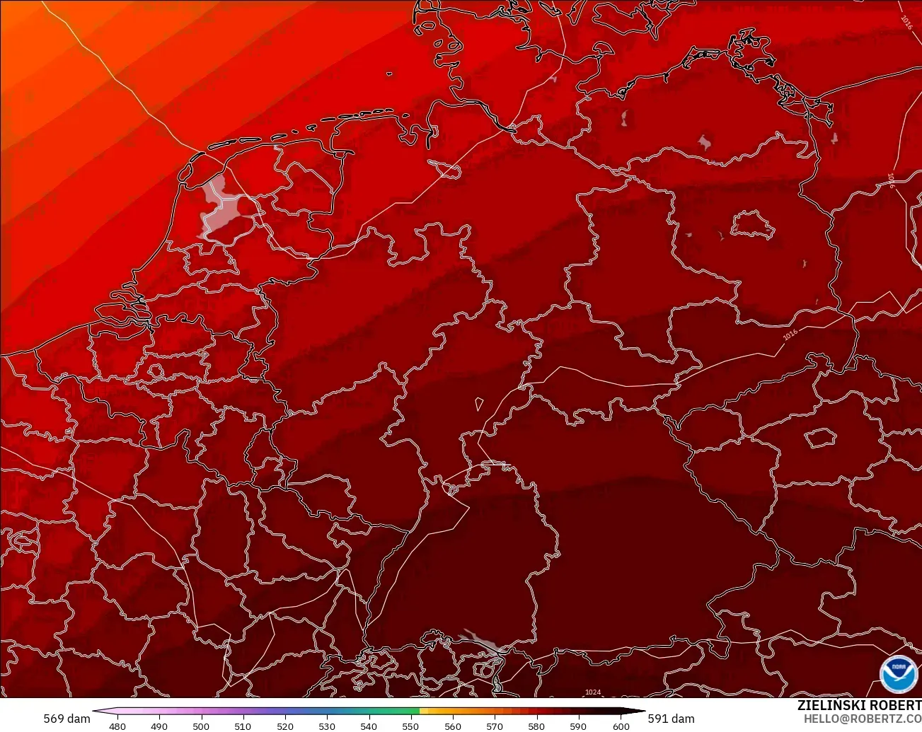 GFS modelo - Alemanha, Altura geopotencial a 500 hPa