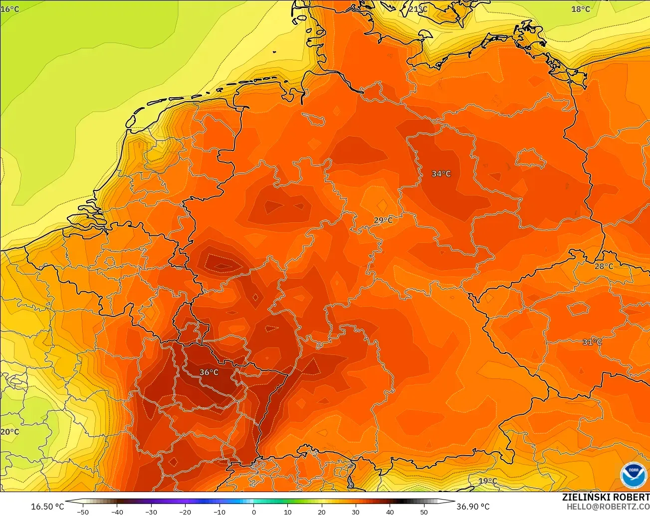 GFS modelo - Alemanha, Temperatura a 2 m