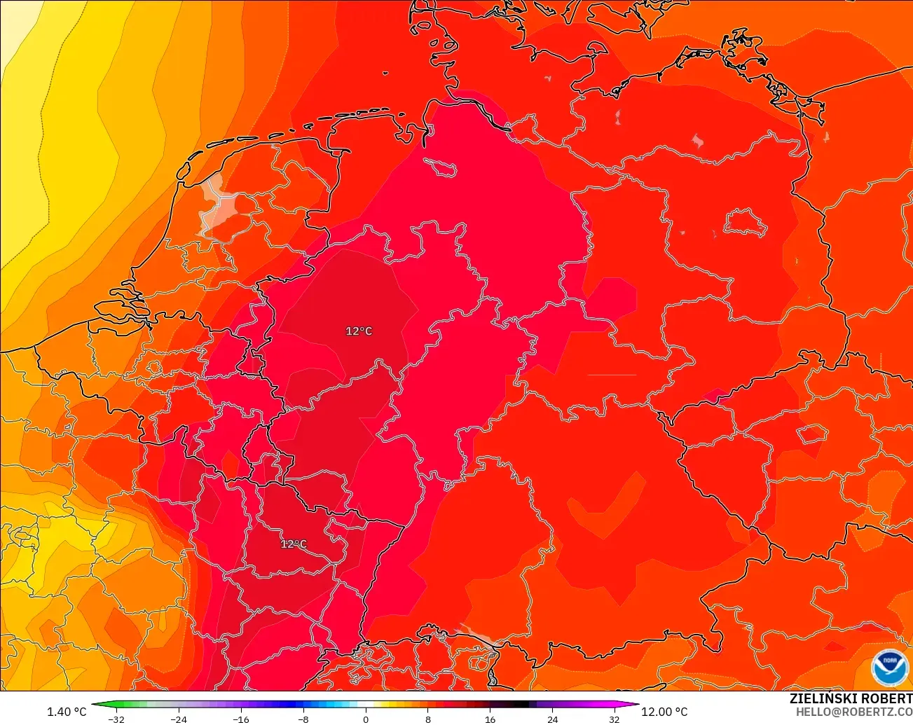 GFS modelo - Alemanha, Anomalia de temperatura a 850 hPa