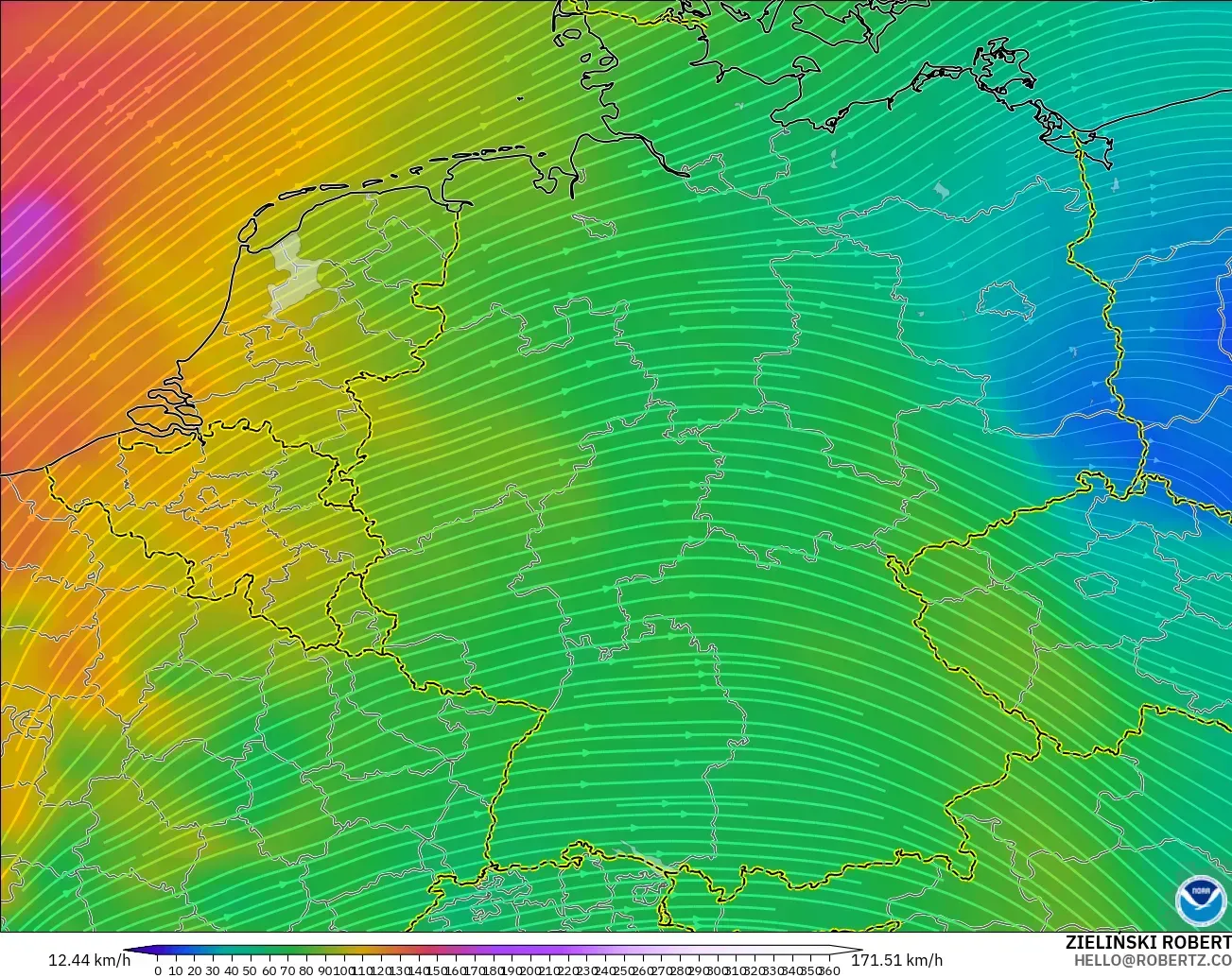 GFS modelo - Alemanha, Vento a 300 hPa (corrente em jato)