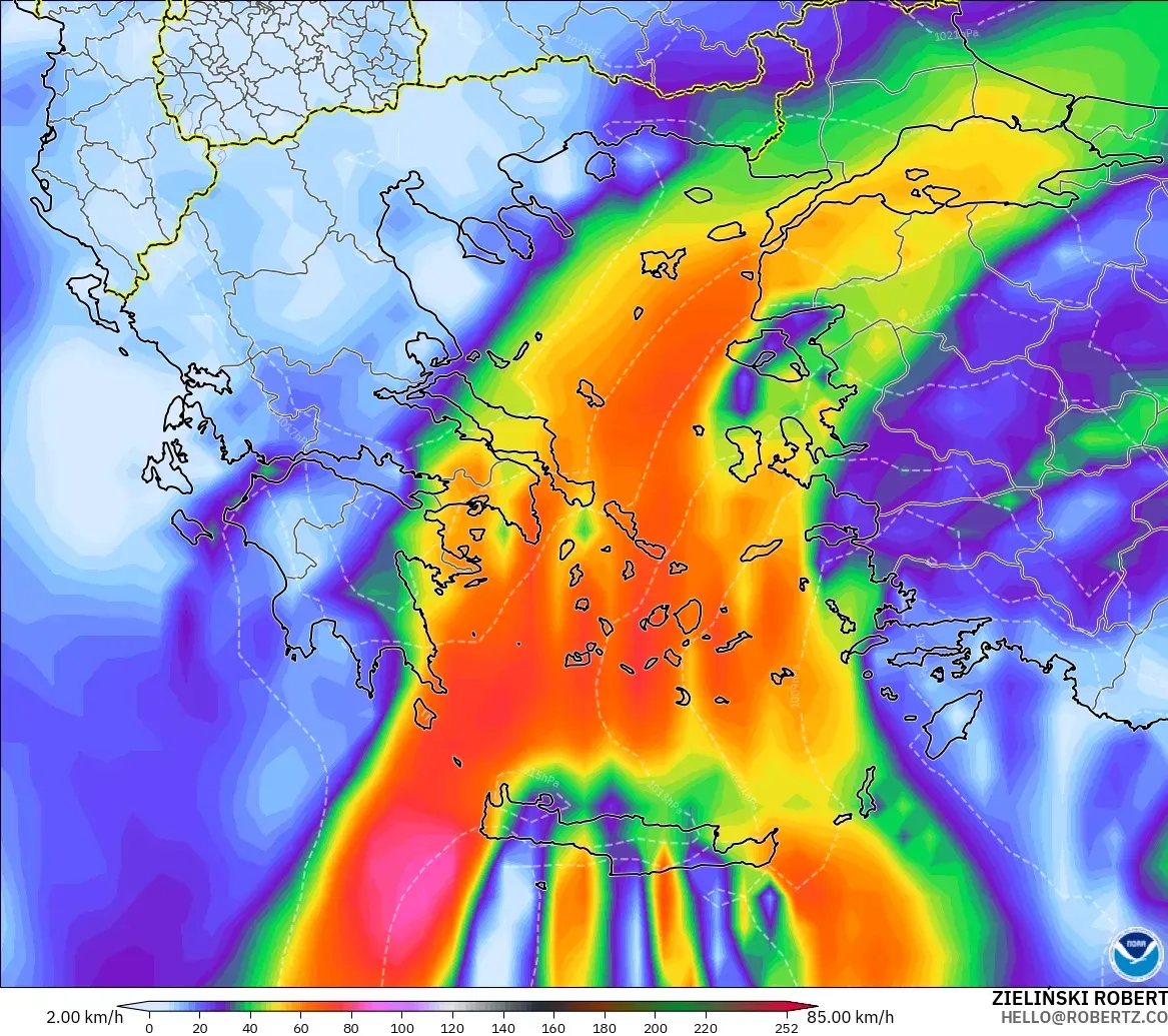 GFS modelo - Grécia, Rajadas de Vento Máximas