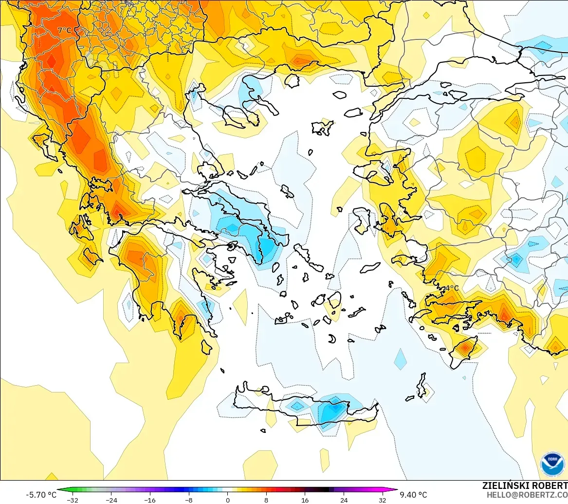 GFS modelo - Grécia, Anomalia de temperatura a 2 m