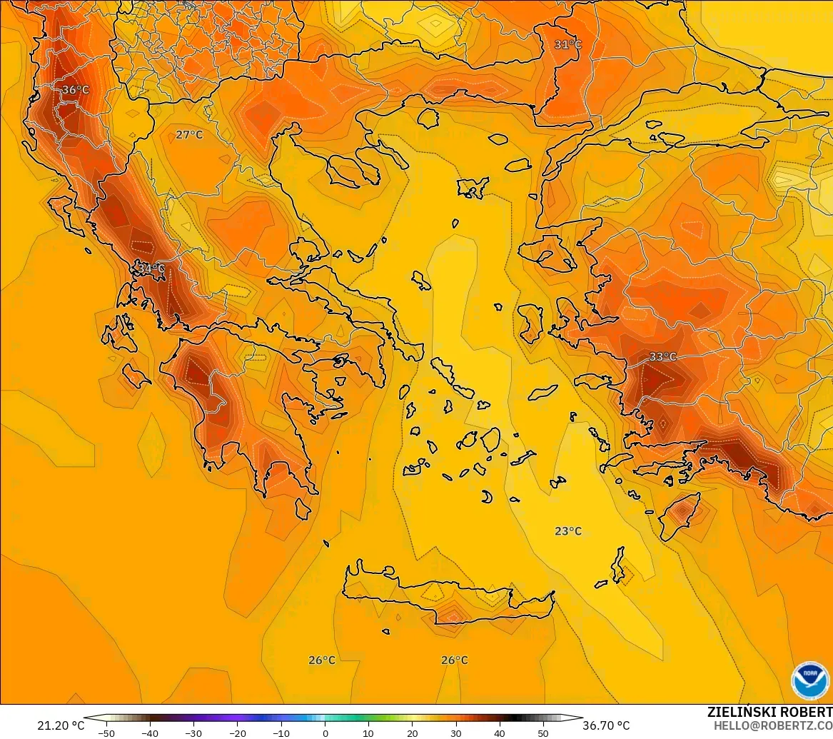 GFS modelo - Grécia, Temperatura a 2 m