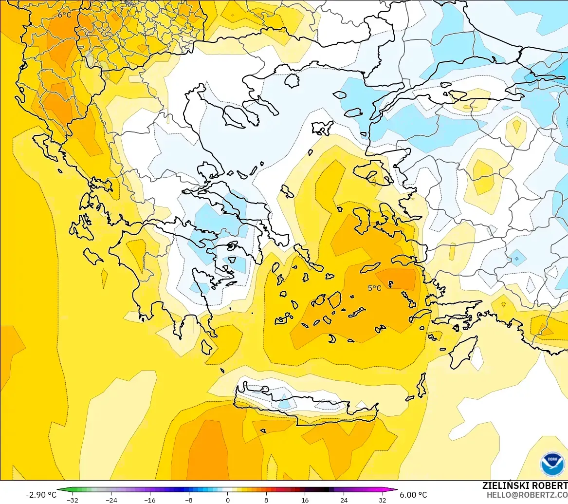 GFS modelo - Grécia, Anomalia de temperatura a 850 hPa