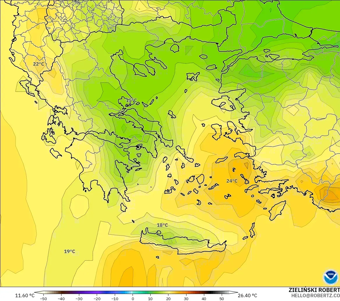 GFS modelo - Grécia, Temperatura a 850 hPa