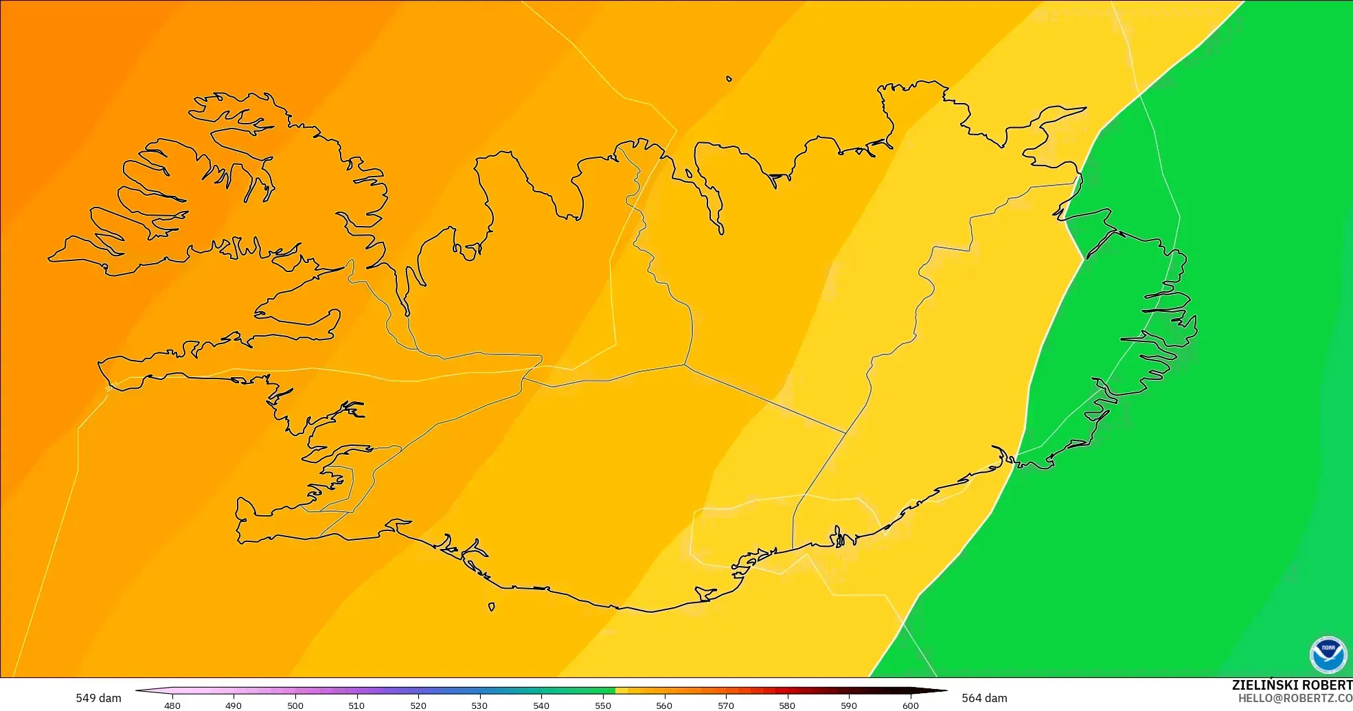 GFS modelo - Islândia, Altura geopotencial a 500 hPa