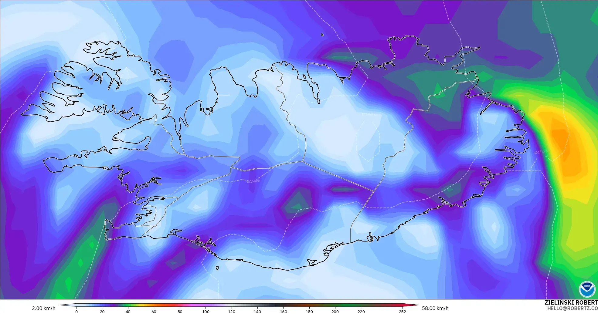 GFS modelo - Islândia, Rajadas de vento
