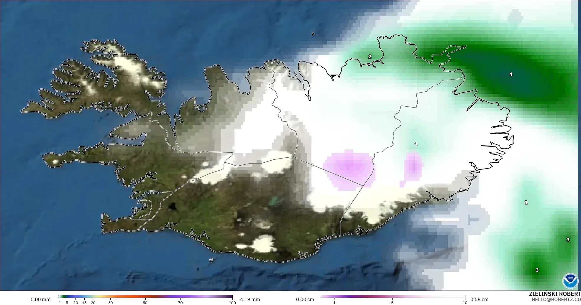 GFS modelo - Islândia, Precipitação, nuvens e pressão