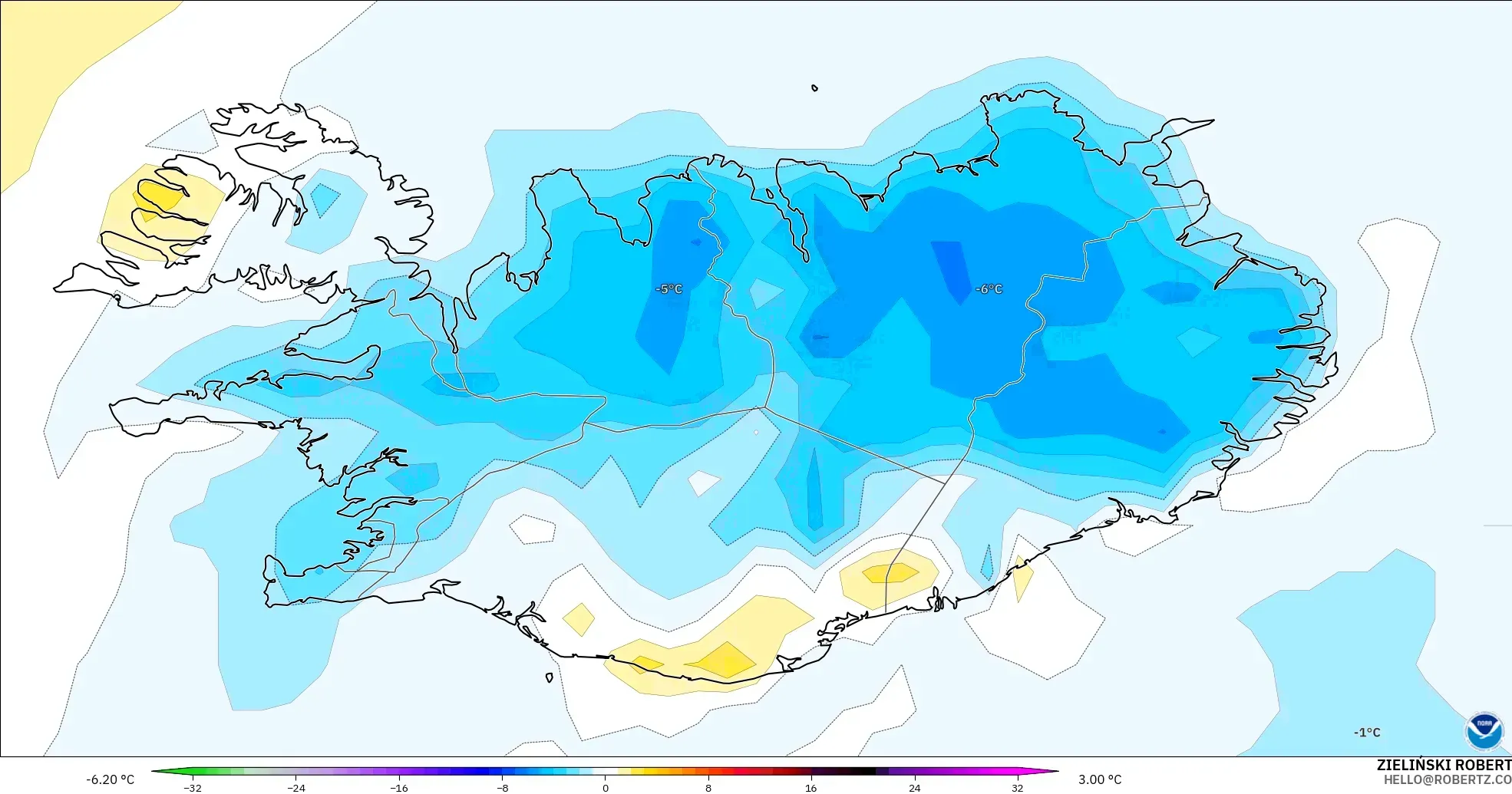 GFS modelo - Islândia, Anomalia de temperatura a 2 m