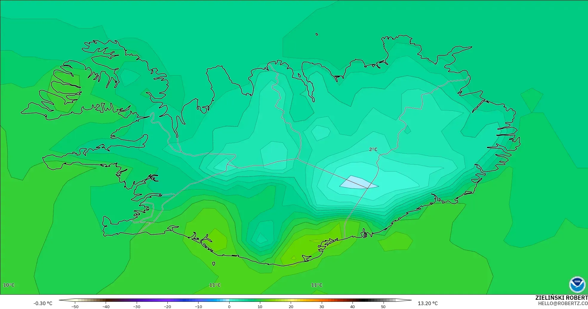 GFS modelo - Islândia, Temperatura a 2 m