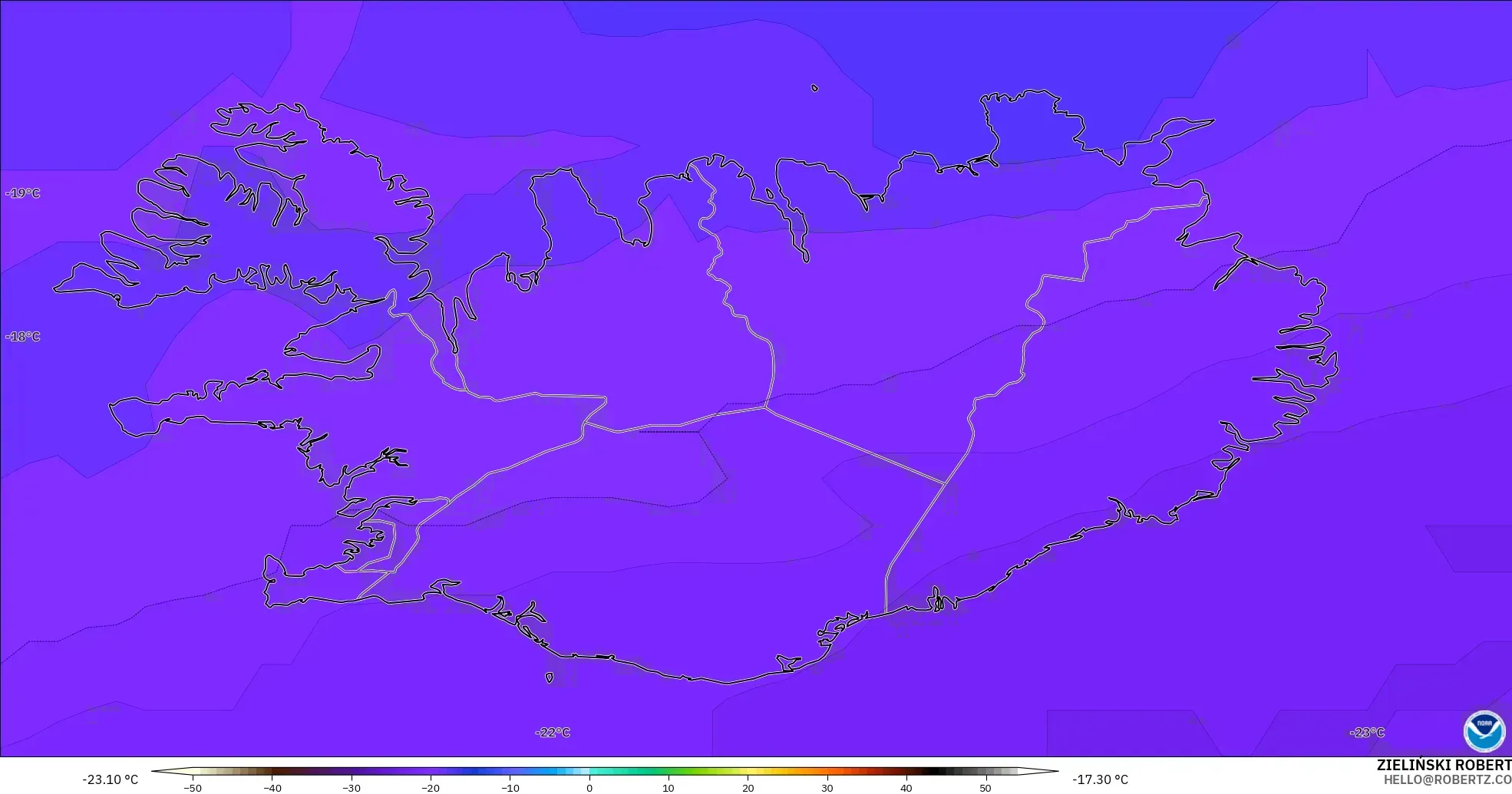 GFS modelo - Islândia, Temperatura a 500 hPa