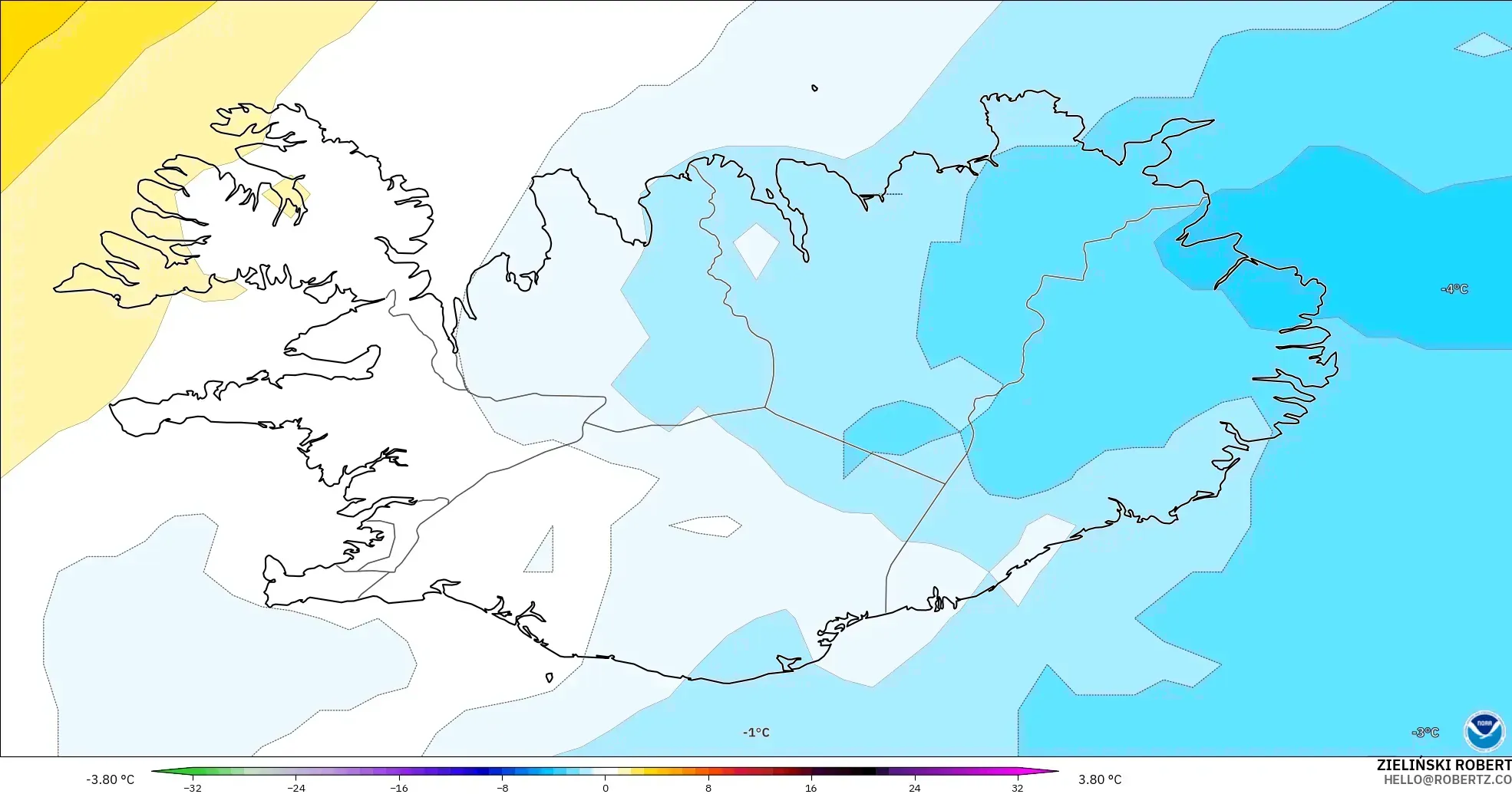 GFS modelo - Islândia, Anomalia de temperatura a 850 hPa
