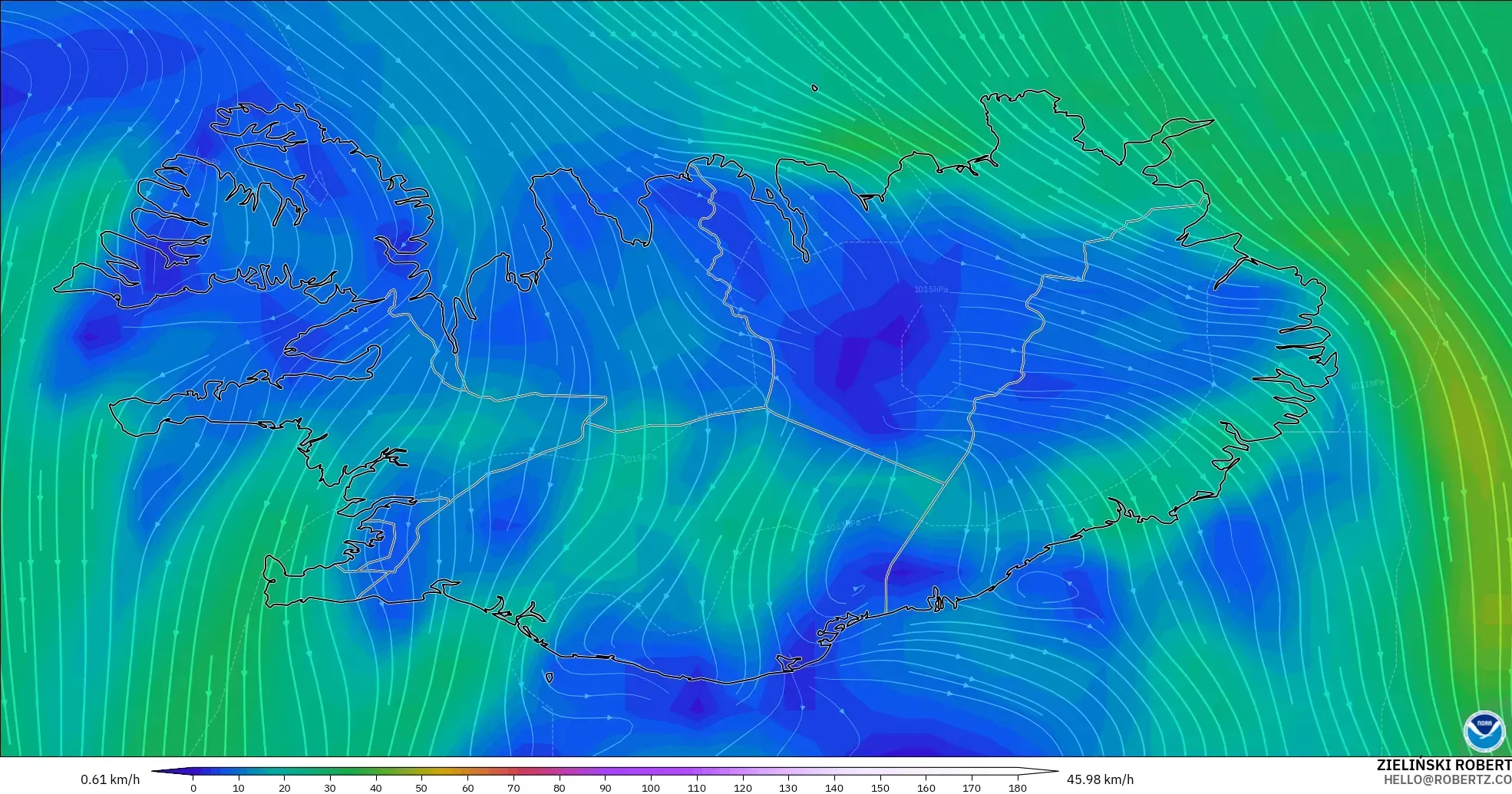 GFS modelo - Islândia, Vento a 10 m