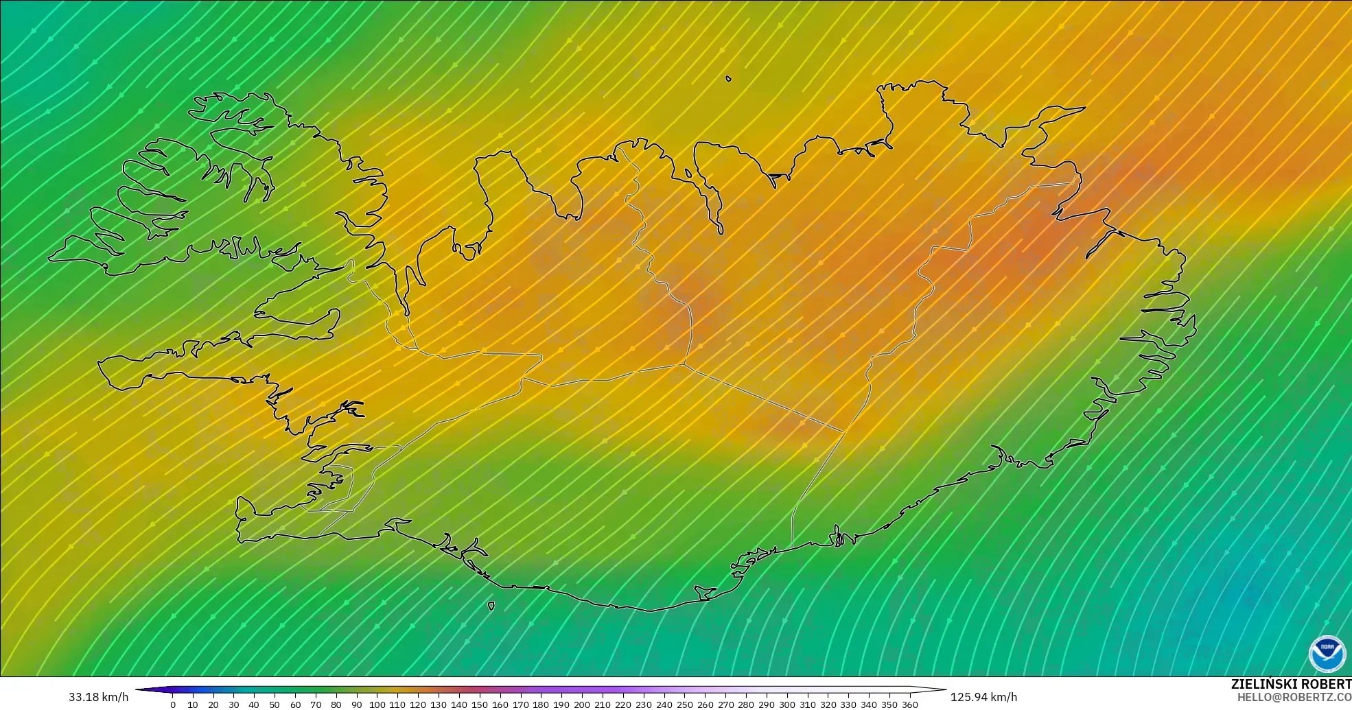 GFS modelo - Islândia, Vento a 300 hPa (corrente em jato)