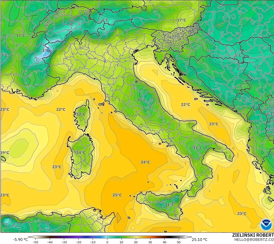 GFS modelo - Itália, Ponto de orvalho a 2 m