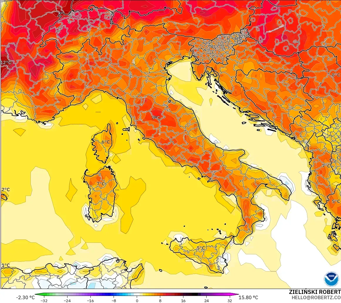 GFS modelo - Itália, Anomalia de temperatura a 2 m