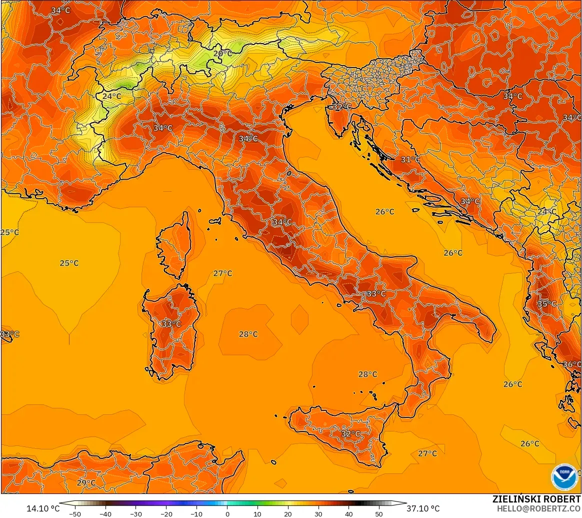 GFS modelo - Itália, Temperatura a 2 m