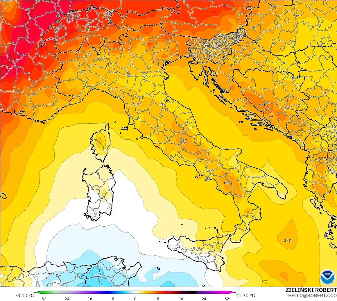 GFS modelo - Itália, Anomalia de temperatura a 850 hPa