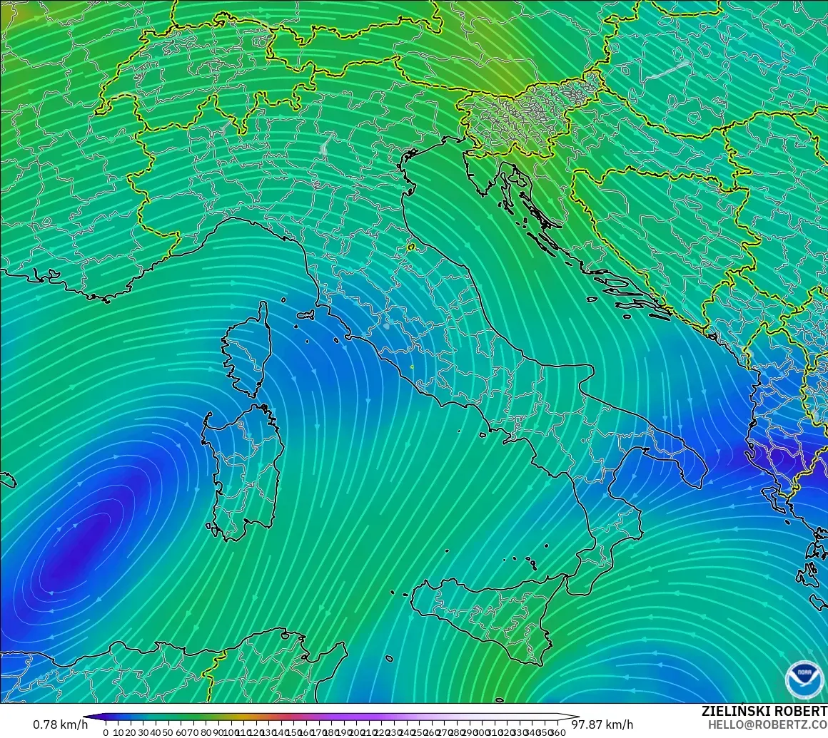 GFS modelo - Itália, Vento a 300 hPa (corrente em jato)