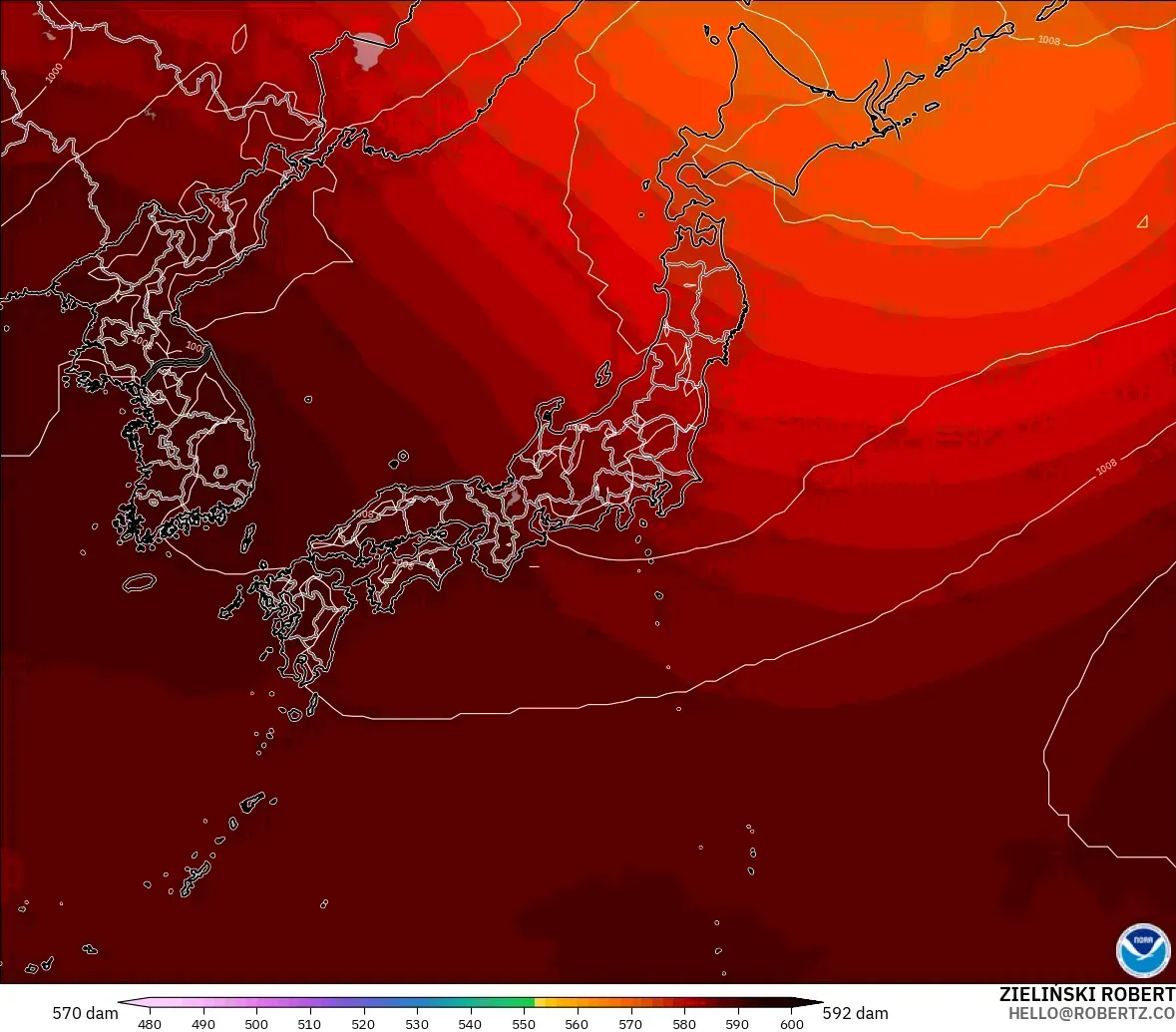 GFS modelo - Japão, Altura geopotencial a 500 hPa