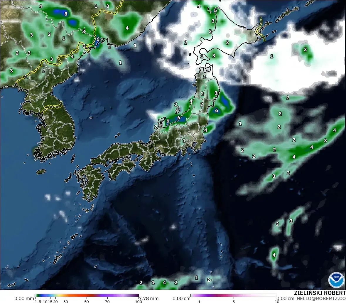 GFS modelo - Japão, Precipitação, nuvens e pressão