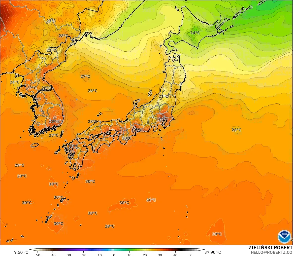 GFS modelo - Japão, Temperatura a 2 m