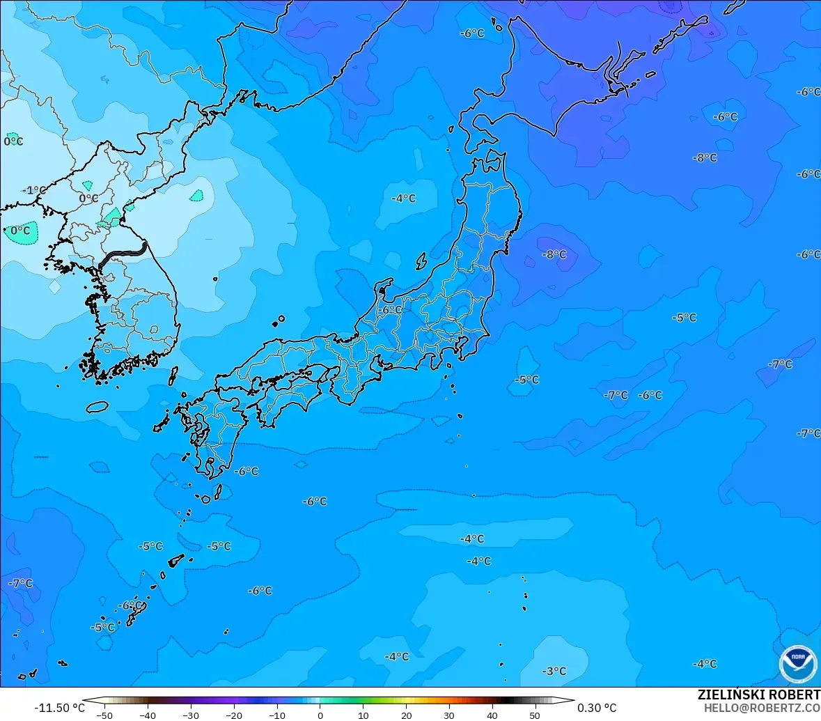 GFS modelo - Japão, Temperatura a 500 hPa