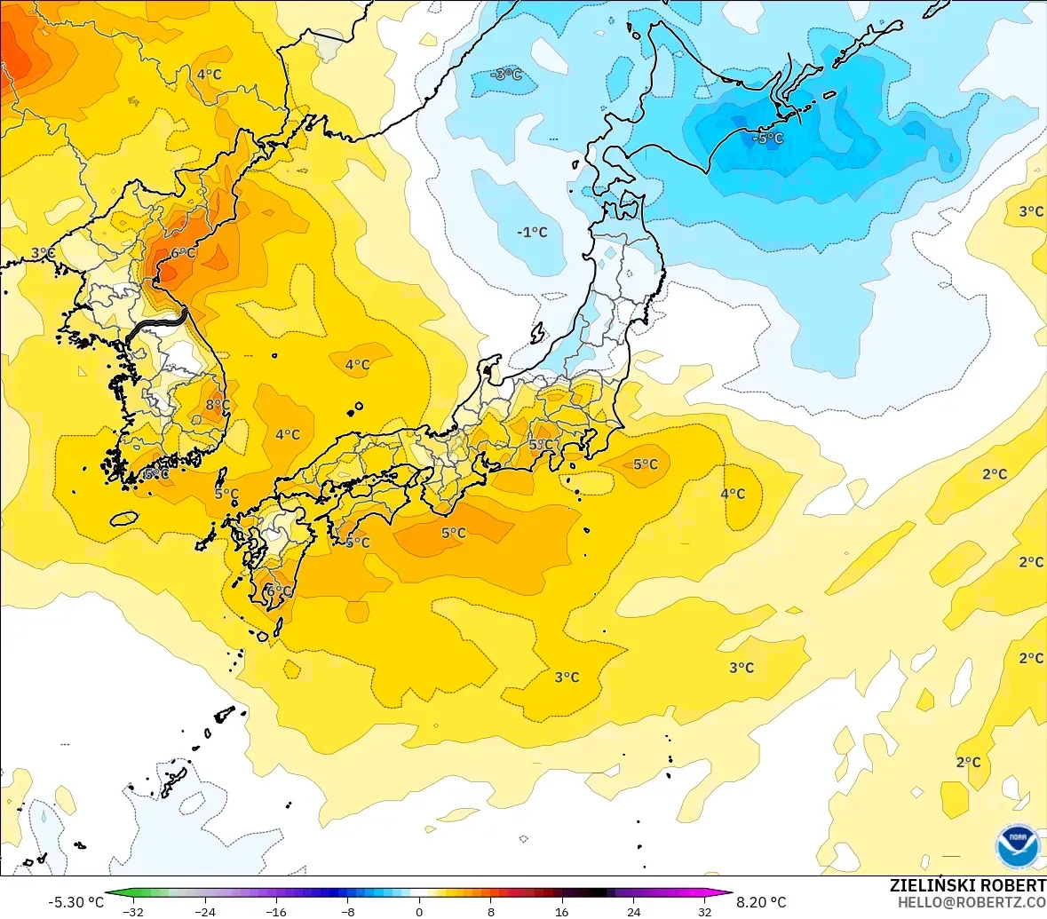 GFS modelo - Japão, Anomalia de temperatura a 850 hPa