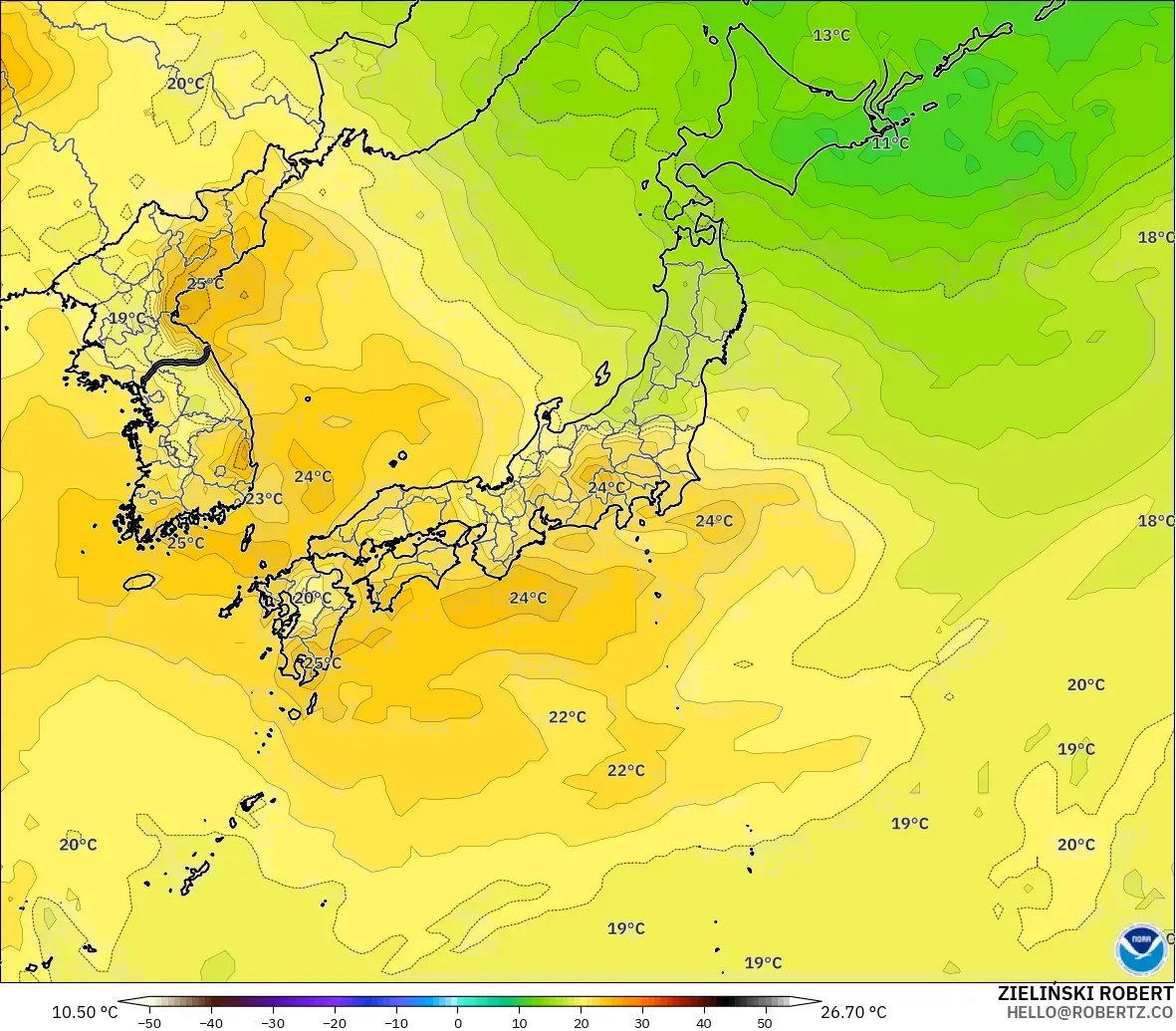 GFS modelo - Japão, Temperatura a 850 hPa