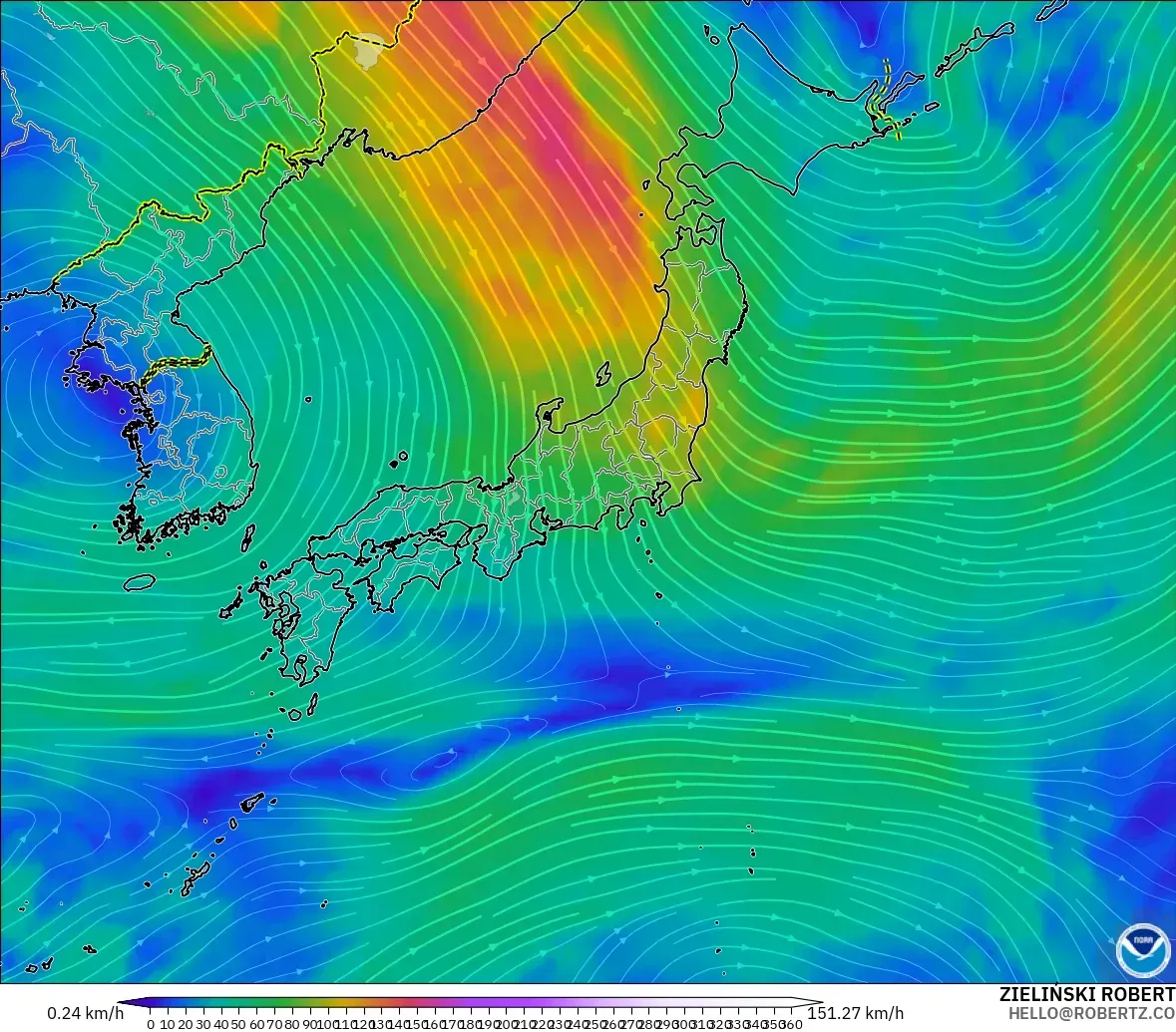 GFS modelo - Japão, Vento a 300 hPa (corrente em jato)